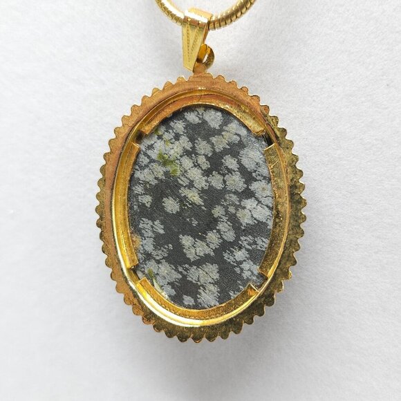 Gold Tone Snake Chain Necklace With Oval Snowflake Obsidian Pendant Vintage - Picture 3 of 5